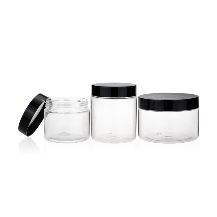 Cosmetic packaging — 250ml Transparent PET plastic bottle for cosmetic and food candy with black lids