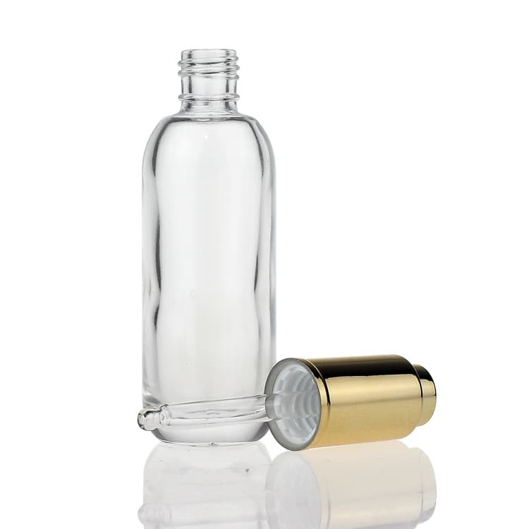 Cosmetic packaging — Recycled 20ml Round  glass  bottle with  gold dropper cap  cosmetic serum dropper glass bottle  with spout