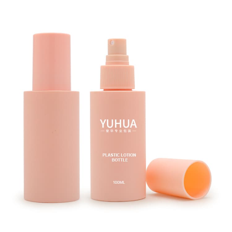 Cosmetic packaging — Cosmetic Plastic Skin Care Packaging Set 100ml Recycled Pet Bottle Round pink Plastic Lotion Pump 28/410 Custom Lotion Bottles