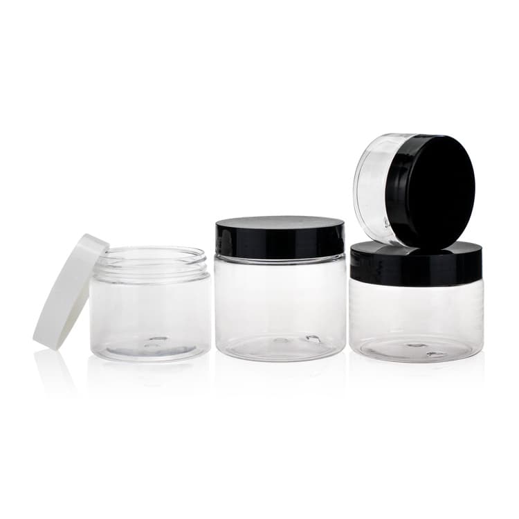 Cosmetic packaging — 120ml transperate  pet cream and food jar container with black and white lid