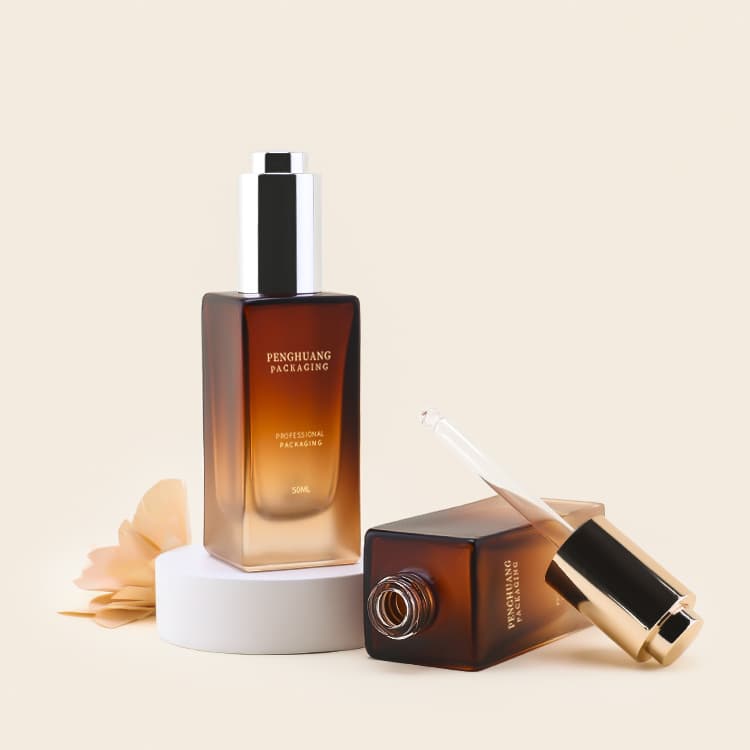 Cosmetic packaging — One Stop Supplier Glass Cosmetic Packaging Glass Serum Bottle Hair Serum Bottle 50ml Dropper Bottle with Push Button Cap