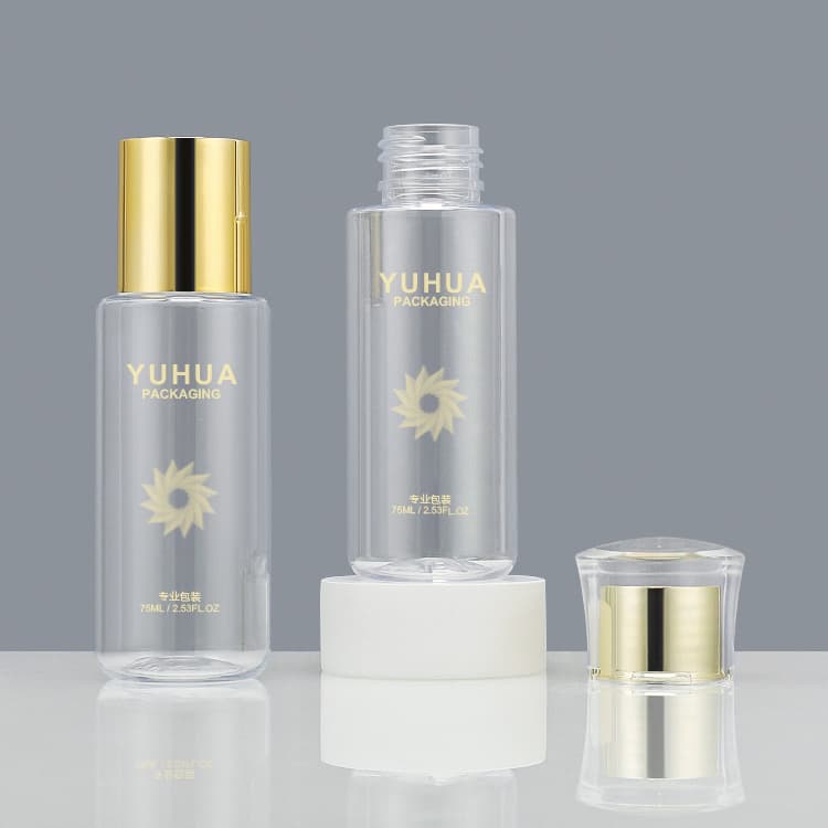 Cosmetic packaging — Wholesale 75ml flat round PET cosmetic smoothing toner bottle  screw caps skincare packaging bottle with electroplate gold cap
