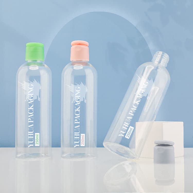 Cosmetic packaging — Clear Shampoo Body Wash Plastic Packaging Container 250ml Flip Top Cap Empty Plastic Squeeze Lotion Bottles