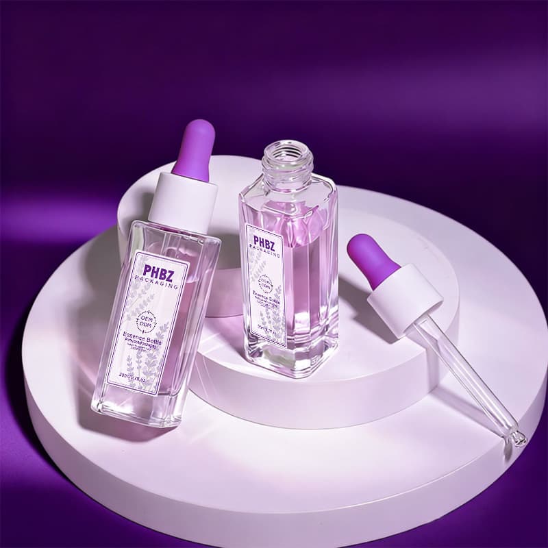 Cosmetic packaging — 20ml Mini Custom Square Matte Glass Essential Oil Bottle Purple Dropper for Serum Body Lotion Travel Dispensing (Custom Logo)
