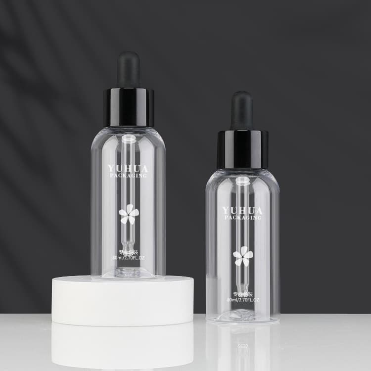 Cosmetic packaging — Screen Printing Transparent Pet Dropper Bottle 80ml Oil Serum Plastic Bottle with Black Pipette