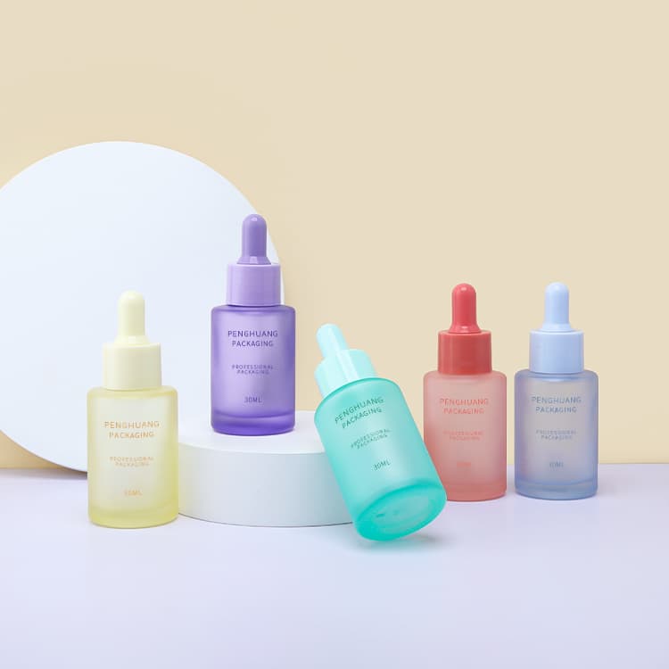 Cosmetic packaging — Frosted Colorful in Stock Cosmetic Skincare Packaging Glass Essential Oil Dropper Bottles Glass 30ml Serum Bottle