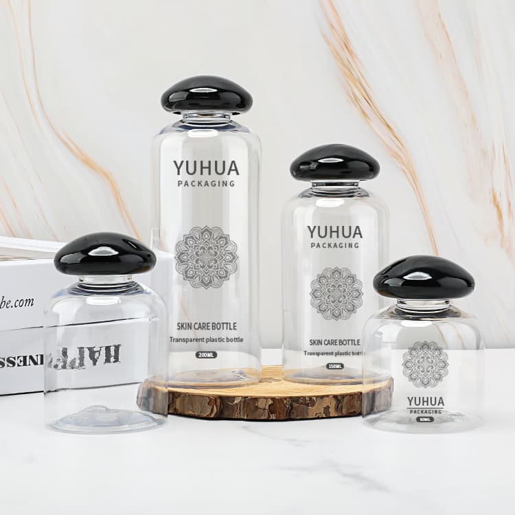 Cosmetic packaging — 80ml/100ml/150ml/200ml Eco Friendly Round Black Mushroom Cover Plastic Toner Shampoo Bottles High Quality