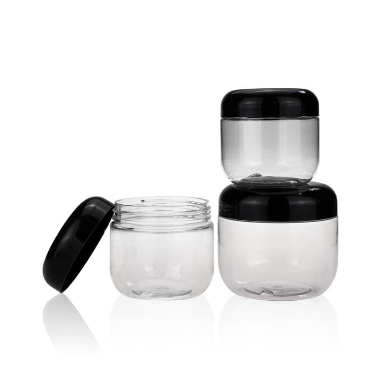 Cosmetic packaging — 120ml PET transperate  pet cream and food jar can with round black cap empty food cans cream and food jar