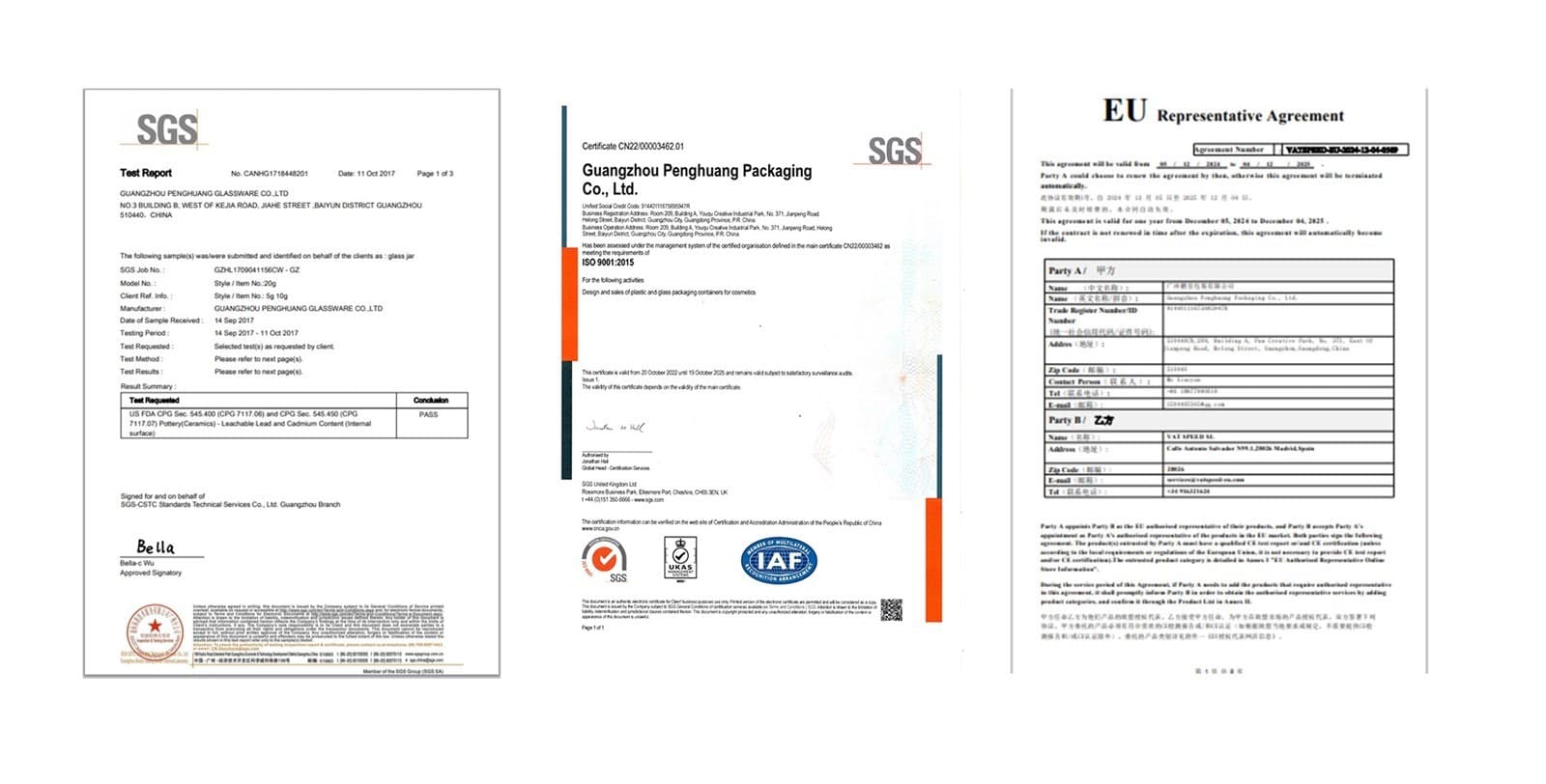 Penghuang certification wall — FDA registration, ISO 9001, EPR and more