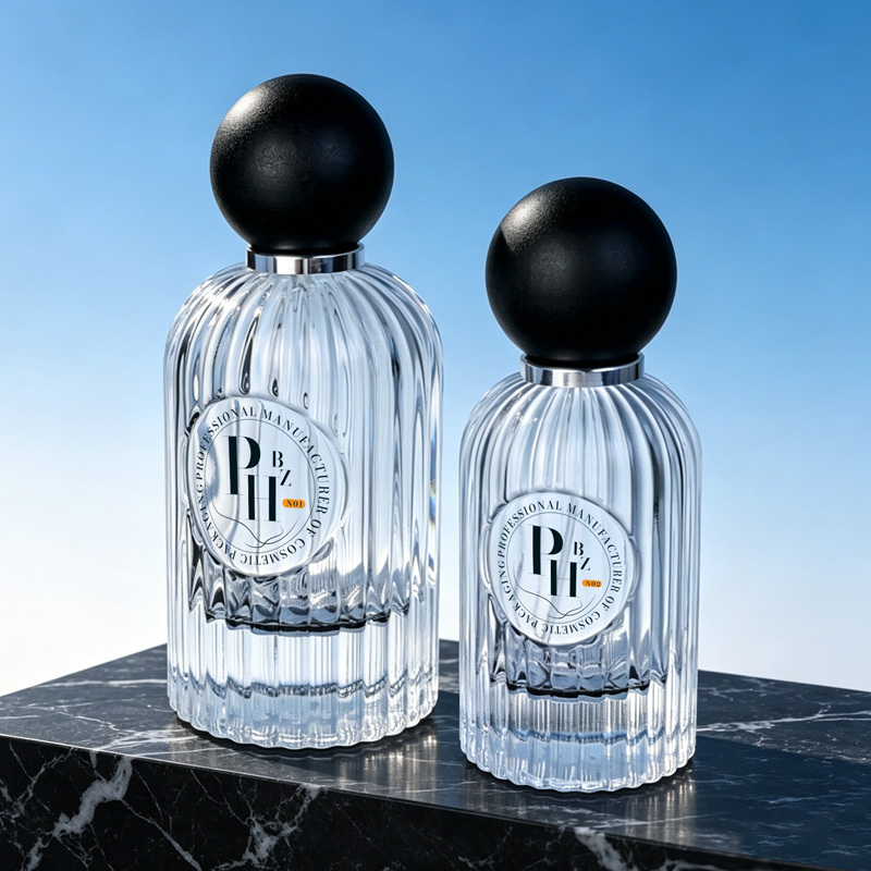 Cosmetic packaging — Custom Ribbed Glass Perfume Bottle 50ml 100ml Clear Refillable Spray Container with Matte Round Ball Lid Press Spray Head (3)