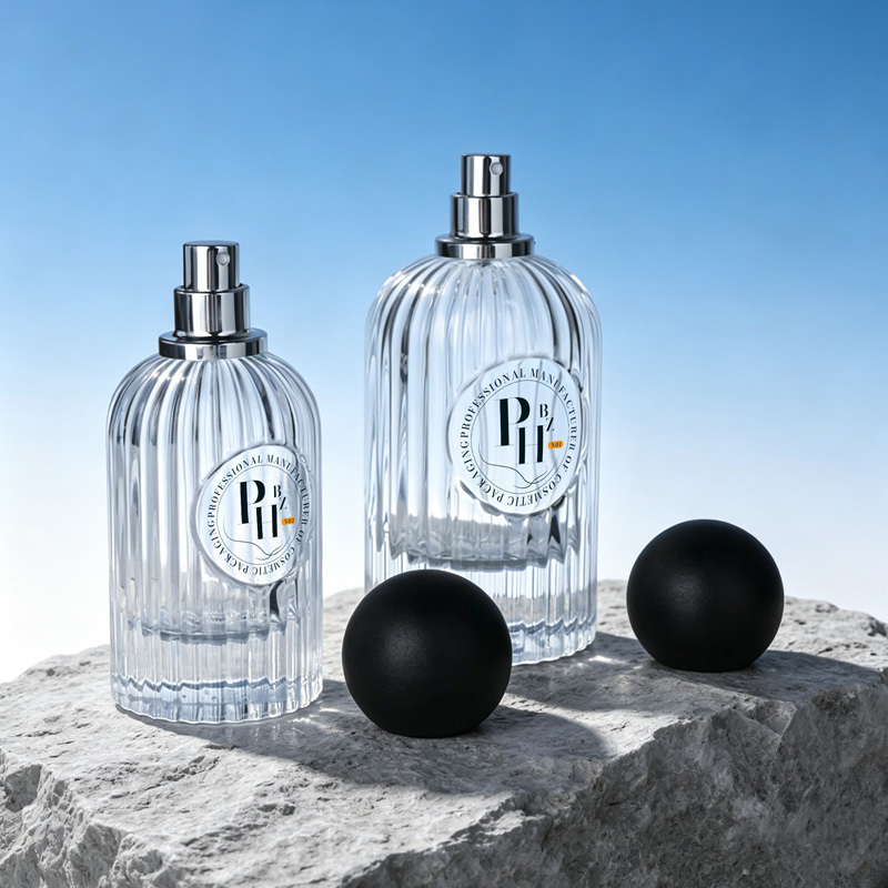 Cosmetic packaging — Custom Ribbed Glass Perfume Bottle 50ml 100ml Clear Refillable Spray Container with Matte Round Ball Lid Press Spray Head (2)
