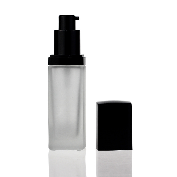 Cosmetic packaging — 30ml frosted empty square bottle liquid lotion glass foundation bottle with Dropper pump black cap (2)