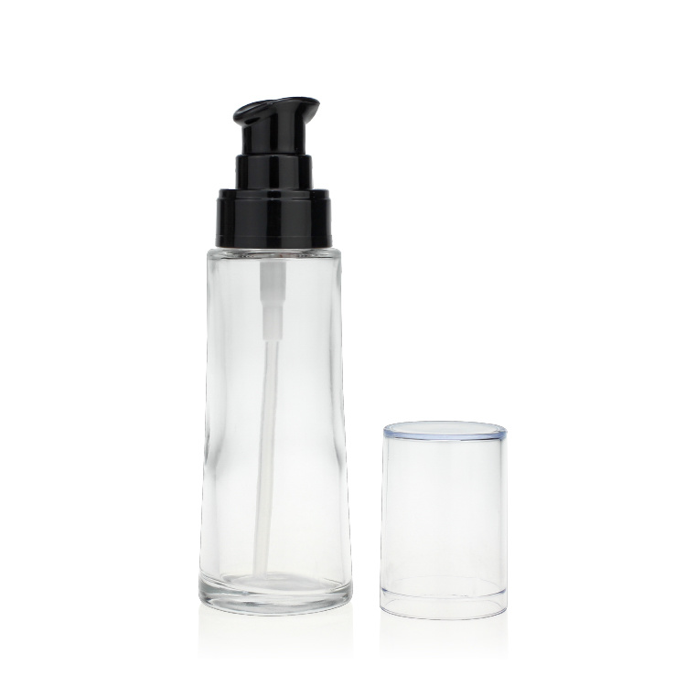 Cosmetic packaging — High quality 50ml empty liquid foundation glass bottles cosmetic foundation bottle with pump clear cap (2)