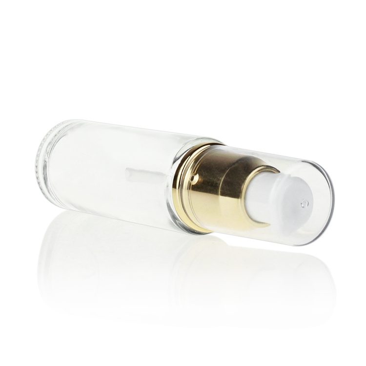Cosmetic packaging — 20ml 30ml round shape clear foundation serum glass bottle with gold pump (3)