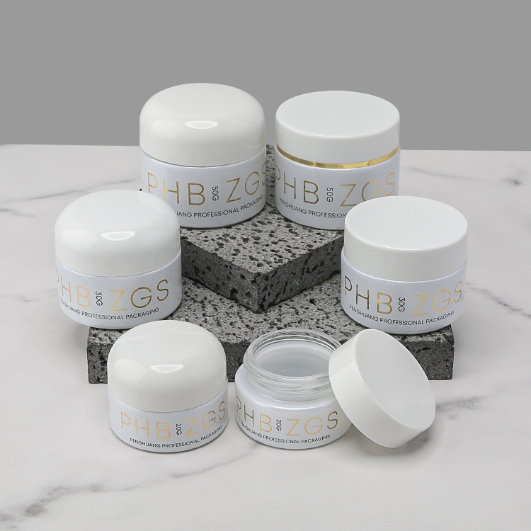 Cosmetic packaging — Custom 20g 30g 50g Refillable White Flat Cap Glass Cosmetic Jars with Lid White Glass round Bottle for Skin Packaging (6)