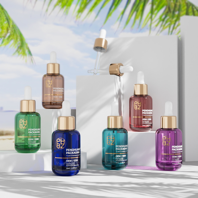 Cosmetic packaging — Luxury Glass Serum Bottle 30ml 1oz Empty Round Skincare Hair Face Oil Dropper Bottle Colorful Thick Essential Oil Bottle (5)