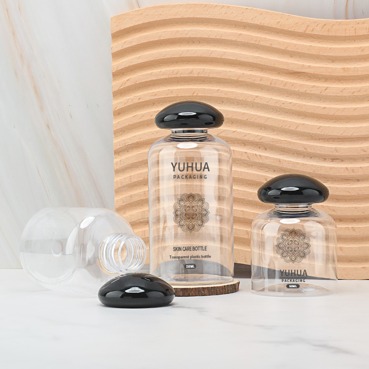 Cosmetic packaging — 80ml/100ml/150ml/200ml Eco Friendly Round Black Mushroom Cover Plastic Toner Shampoo Bottles High Quality (4)