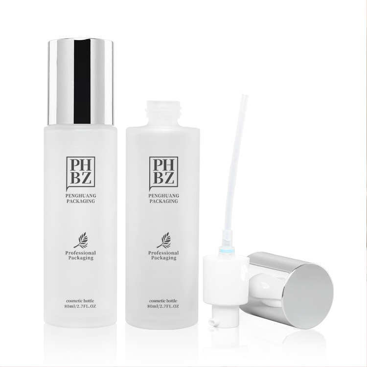 Cosmetic packaging — Luxury skincare packaging set frosted glass toner bottle lotion pump supplier custom straight round cosmetic glass lotion bottle (5)