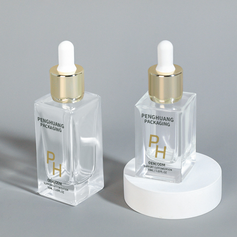 Cosmetic packaging — High Quality Square Thick Glass Empty Essential Oil 1oz 30ml 50ml Transparent Skin Care Serum Glass Bottle with Dropper Cap (2)