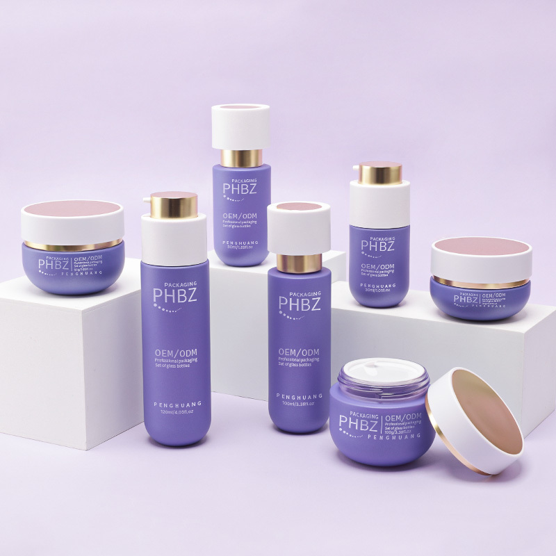 Cosmetic packaging — Luxury Matte Purple Glass Skincare Cosmetic Packaging Set for Skin Care Serum Face Cream Lotion Pump Gold Stamp 30/50g 100/120ml (2)