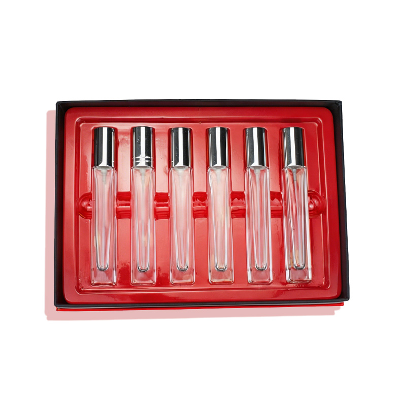 Cosmetic packaging — Luxury 6pcs 15ml Empty Square Frost Matte Glass Perfume Spray Sample Bottle Set with Red Gift Packaging Box (2)