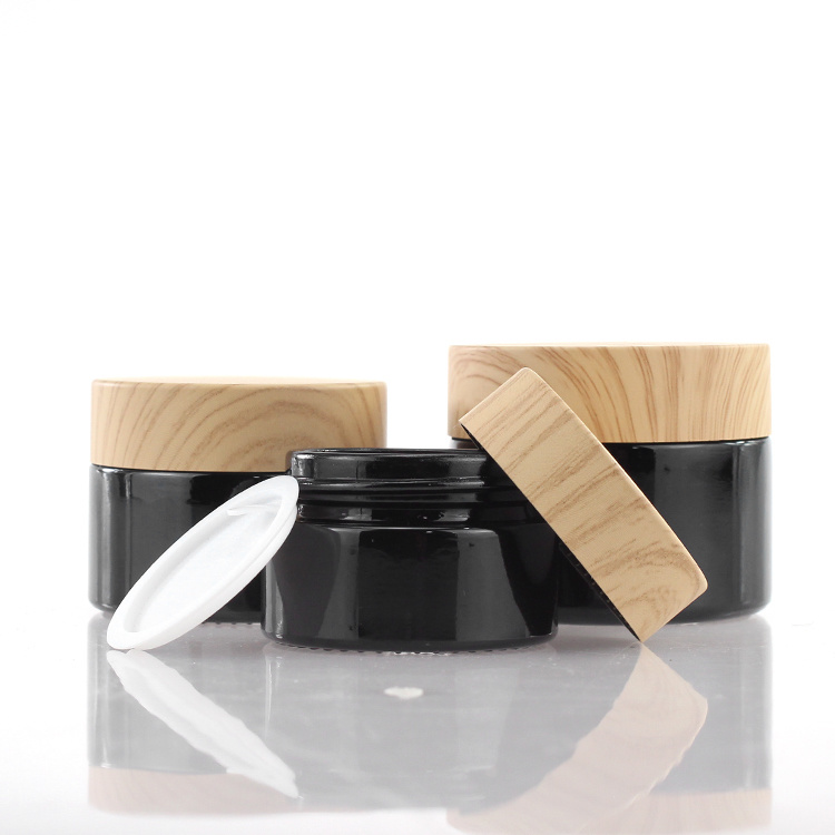 Cosmetic packaging — Black Coating Face Cream Jar Skincare Containers Glass Jar Whitening 20g 30g 50g Cosmetic Packaging Cream Jars with Bamboo Lid (3)