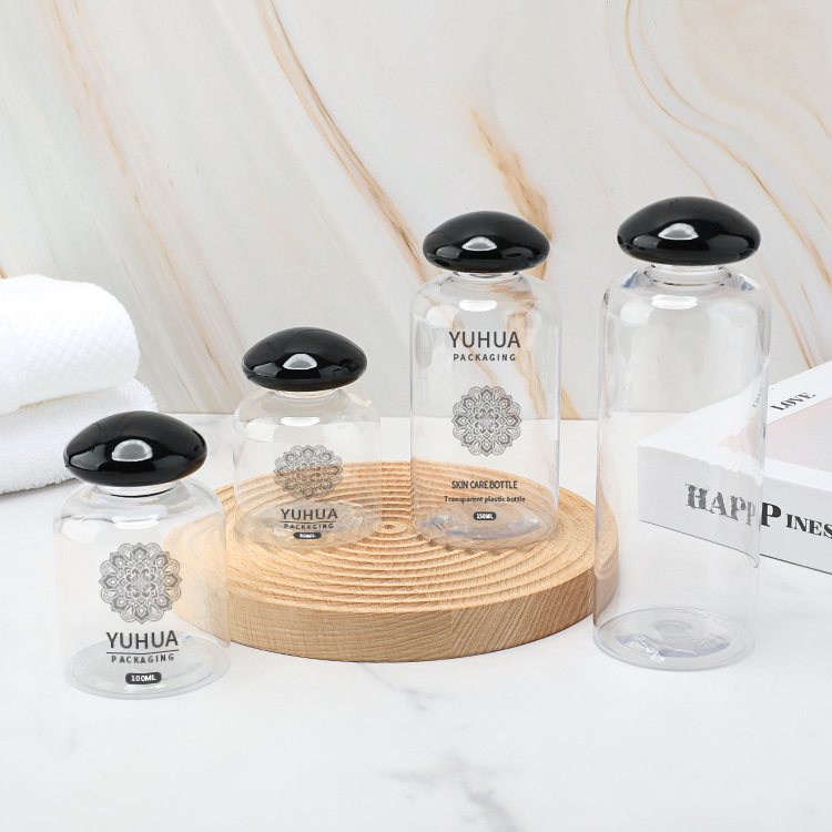 Cosmetic packaging — 80ml/100ml/150ml/200ml Eco Friendly Round Black Mushroom Cover Plastic Toner Shampoo Bottles High Quality (2)