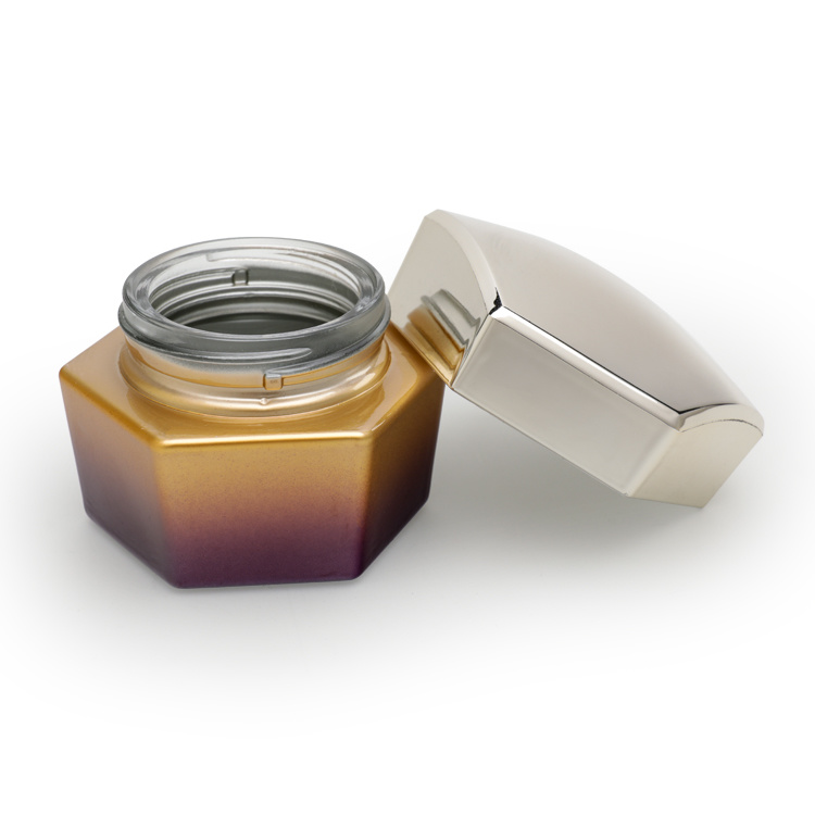 Cosmetic packaging — Luxury  Hexagon Cosmetic Glass Pump Bottle Set Skin Care Series Face Cream Jar Cosmetic Packaging Toning Glass Lotion Bottle (6)