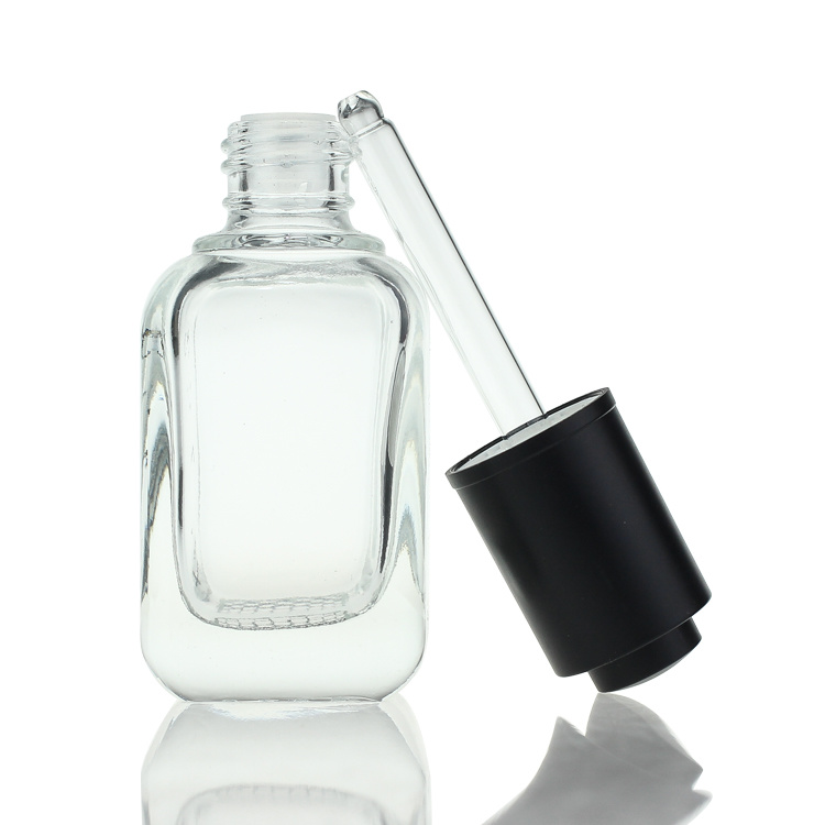 Cosmetic packaging — 50ml clear square essential oil serum glass bottle with push button dropper (2)