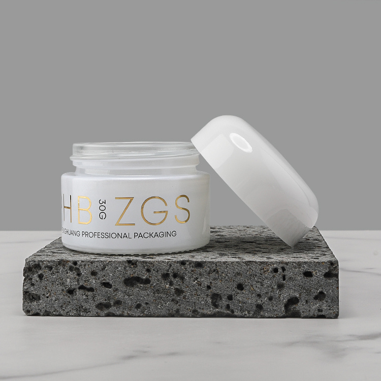 Cosmetic packaging — Custom 20g 30g 50g Refillable White Flat Cap Glass Cosmetic Jars with Lid White Glass round Bottle for Skin Packaging (4)