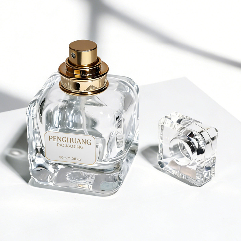 Cosmetic packaging — 30ml Elegant Square Thick Bottom Matte Clear Glass Perfume Bottle Gold Spray Cap Cosmetic Parfum Toner Container (2)