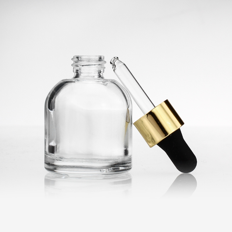 Cosmetic packaging — 30ml clear glass essential oil serum bottles with gold aluminium collar dropper cosmetic packaging (2)