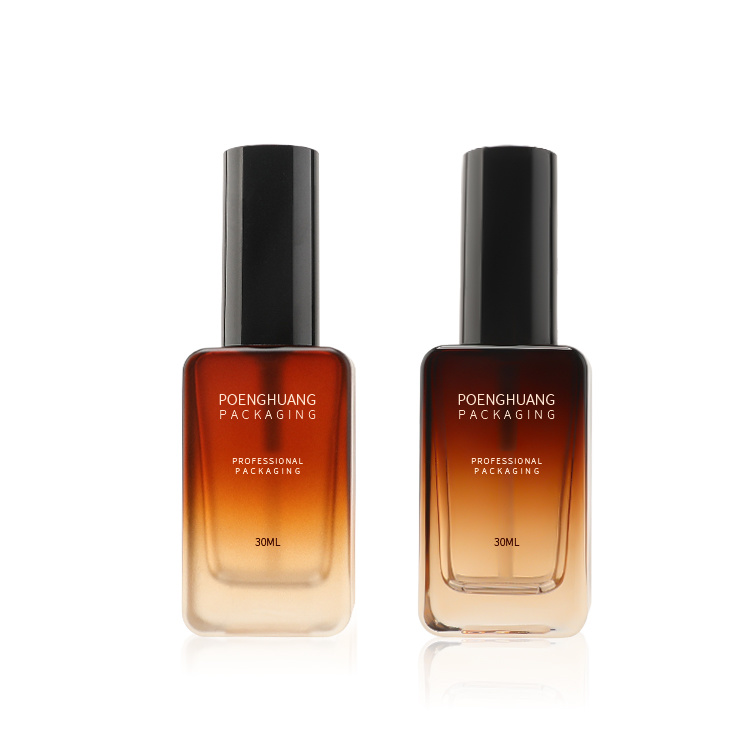 Cosmetic packaging — Factory Wholesale Empty square Flat Shoulder Moisture Skincare Packaging Lotion Pump Glass Bottle 30ml Gradual Amber (2)