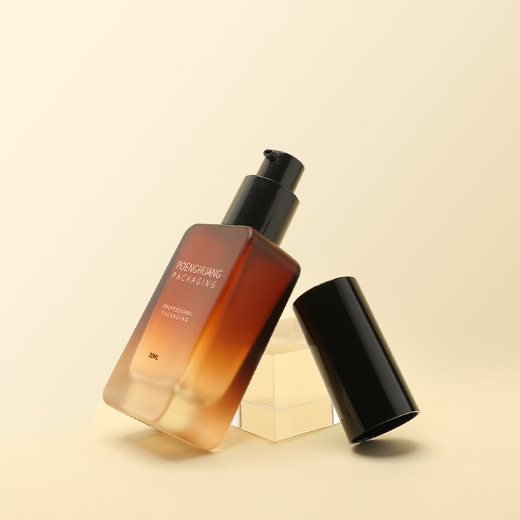 Cosmetic packaging — Factory Wholesale Empty square Flat Shoulder Moisture Skincare Packaging Lotion Pump Glass Bottle 30ml Gradual Amber (5)
