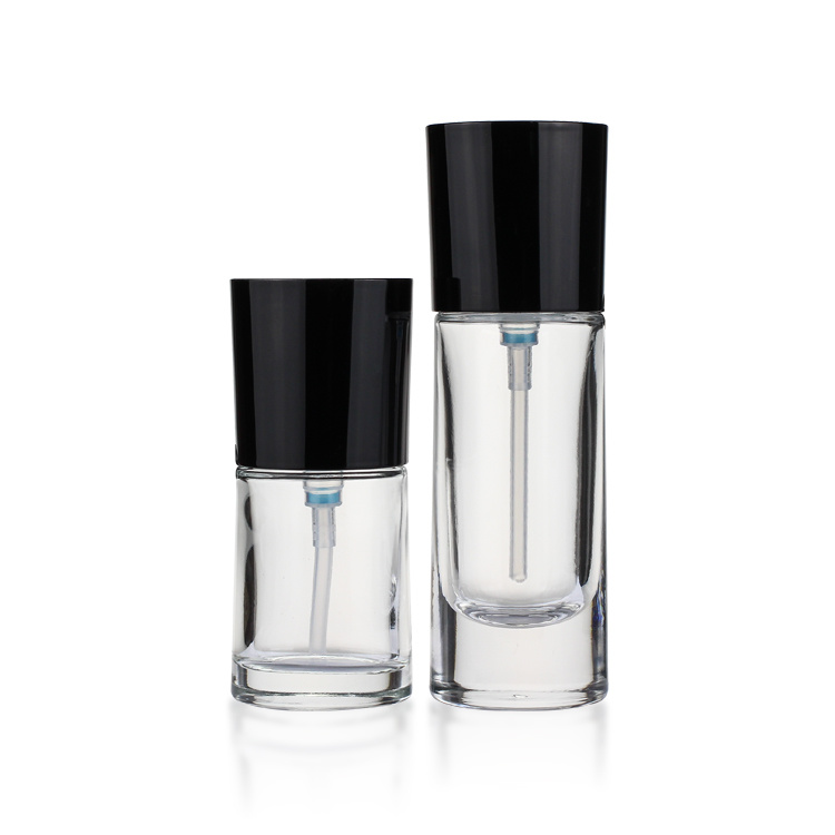 Cosmetic packaging — round glass bottle cosmetic packaging 30ml transparent foundation glass bottle pump with black cap (6)
