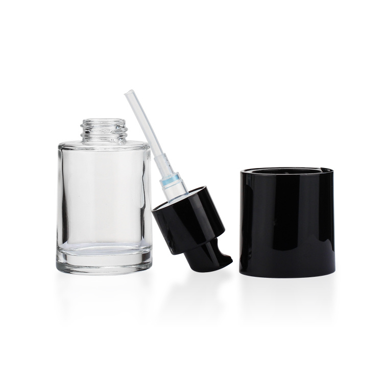 Cosmetic packaging — round glass bottle cosmetic packaging 30ml transparent foundation glass bottle pump with black cap (3)