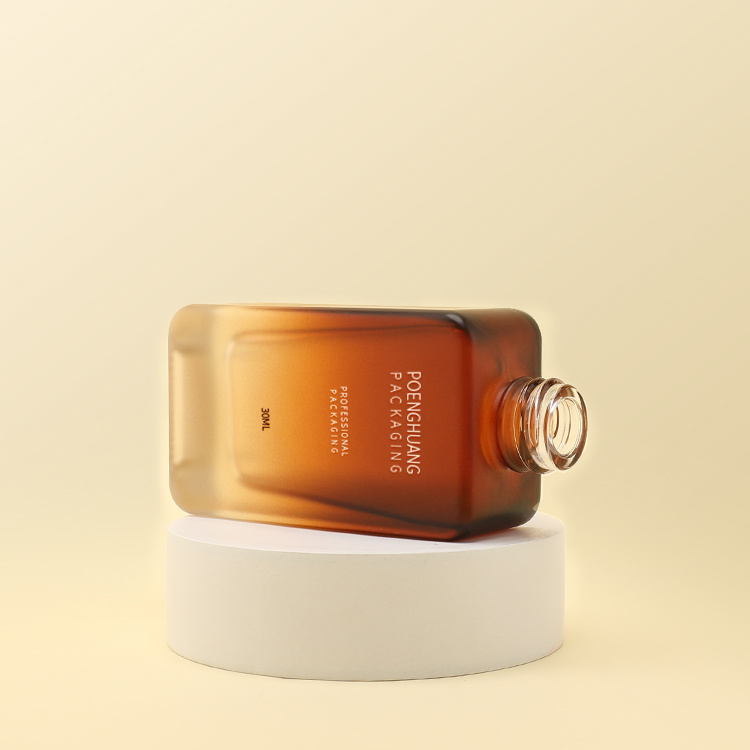 Cosmetic packaging — Factory Wholesale Empty square Flat Shoulder Moisture Skincare Packaging Lotion Pump Glass Bottle 30ml Gradual Amber (4)