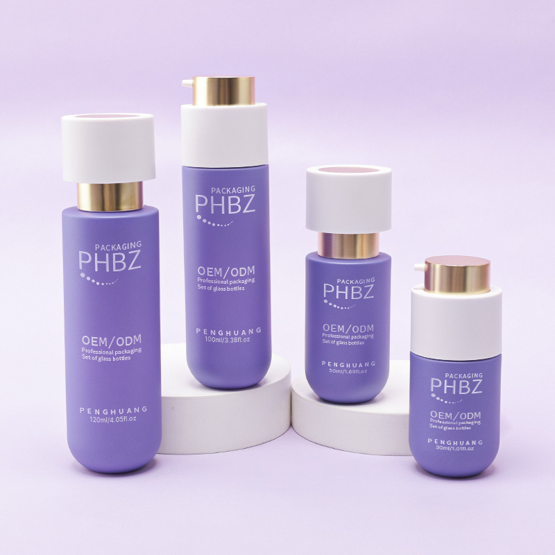 Cosmetic packaging — Luxury Matte Purple Glass Skincare Cosmetic Packaging Set for Skin Care Serum Face Cream Lotion Pump Gold Stamp 30/50g 100/120ml (4)