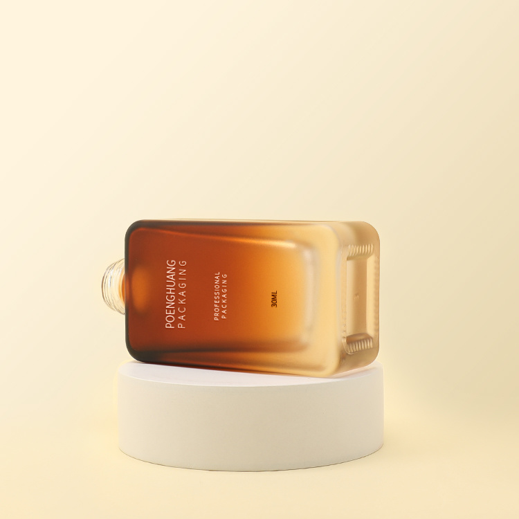 Cosmetic packaging — Factory Wholesale Empty square Flat Shoulder Moisture Skincare Packaging Lotion Pump Glass Bottle 30ml Gradual Amber (6)