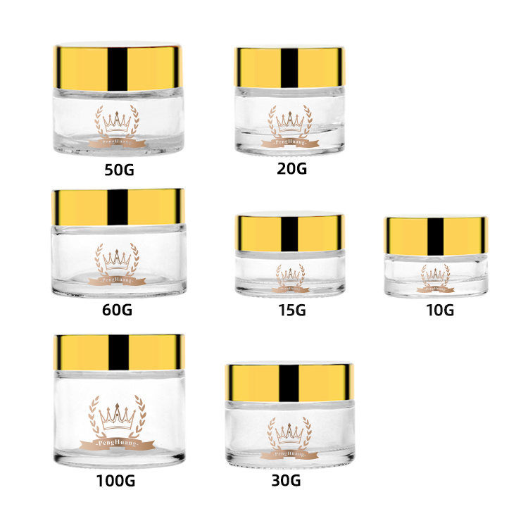 Cosmetic packaging — Hot Sale 10/15/20/30/50/60/100g Empty Clear Cosmetic Cream Jar Gold Lid Round Face Cream Glass Jar (2)