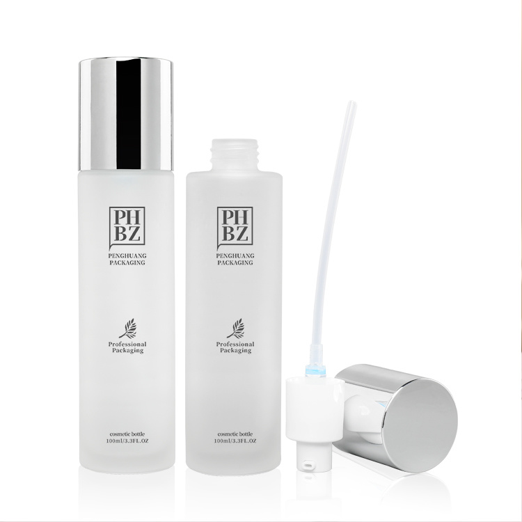 Cosmetic packaging — Luxury skincare packaging set frosted glass toner bottle lotion pump supplier custom straight round cosmetic glass lotion bottle (4)