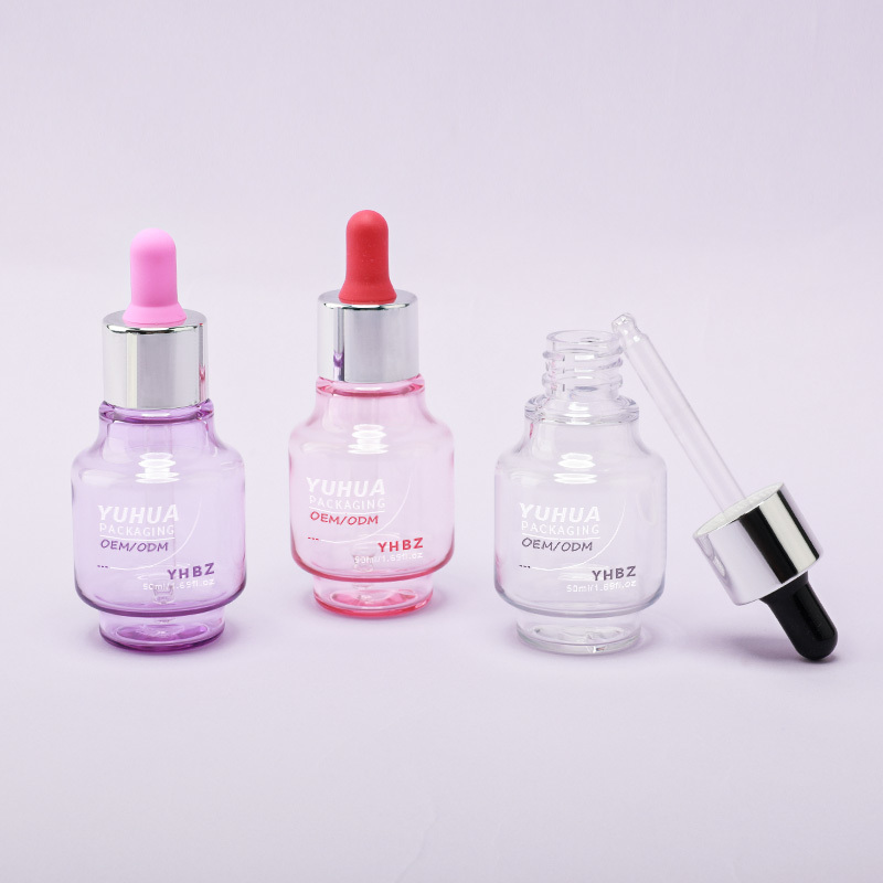 Cosmetic packaging — Luxury 50ml Circular Essential Oil Bottle PET Plastic Electroplated Silver Dropper Unique Serum Container for Skincare Lotion (4)