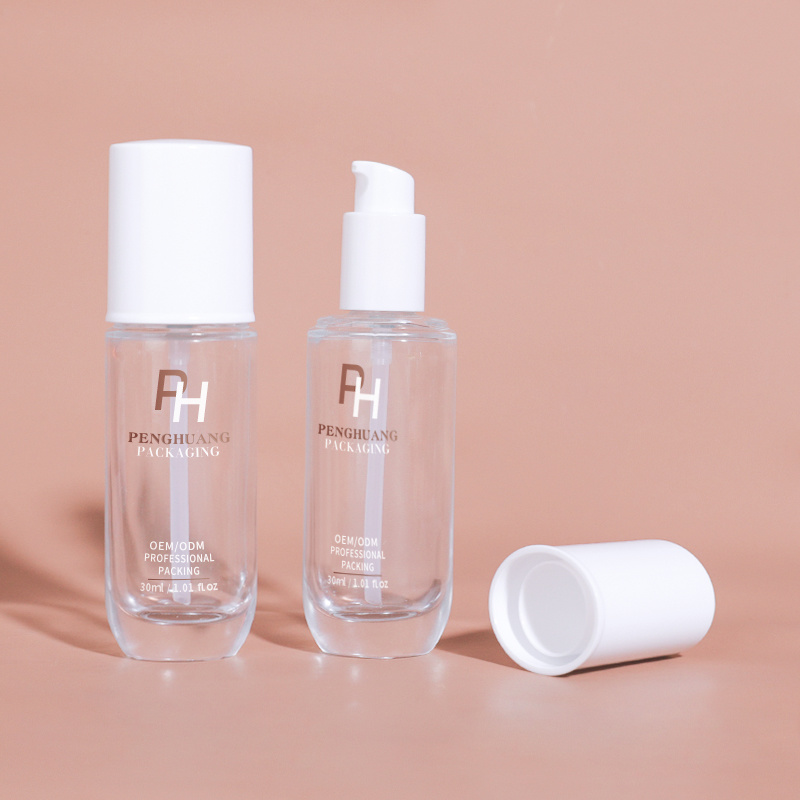 Cosmetic packaging — Custom Cosmetics Packaging 30ml Clear Glass Bottles Empty Flat Makeup Liquid Foundation Lotion Pump Container Facial Cleanser (4)