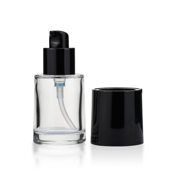 Cosmetic packaging — round glass bottle cosmetic packaging 30ml transparent foundation glass bottle pump with black cap (2)