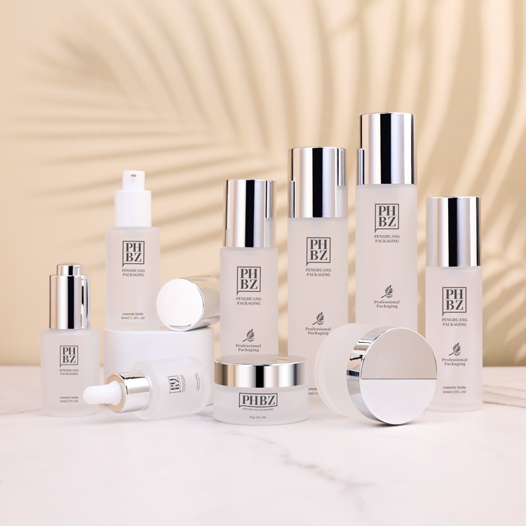Cosmetic packaging — Luxury skincare packaging set frosted glass toner bottle lotion pump supplier custom straight round cosmetic glass lotion bottle (6)
