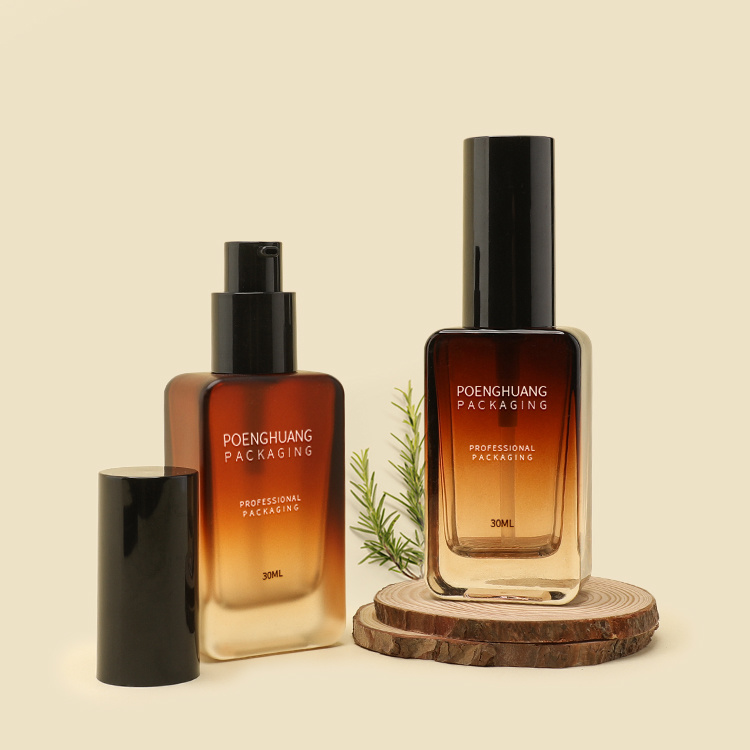 Cosmetic packaging — Factory Wholesale Empty square Flat Shoulder Moisture Skincare Packaging Lotion Pump Glass Bottle 30ml Gradual Amber (3)