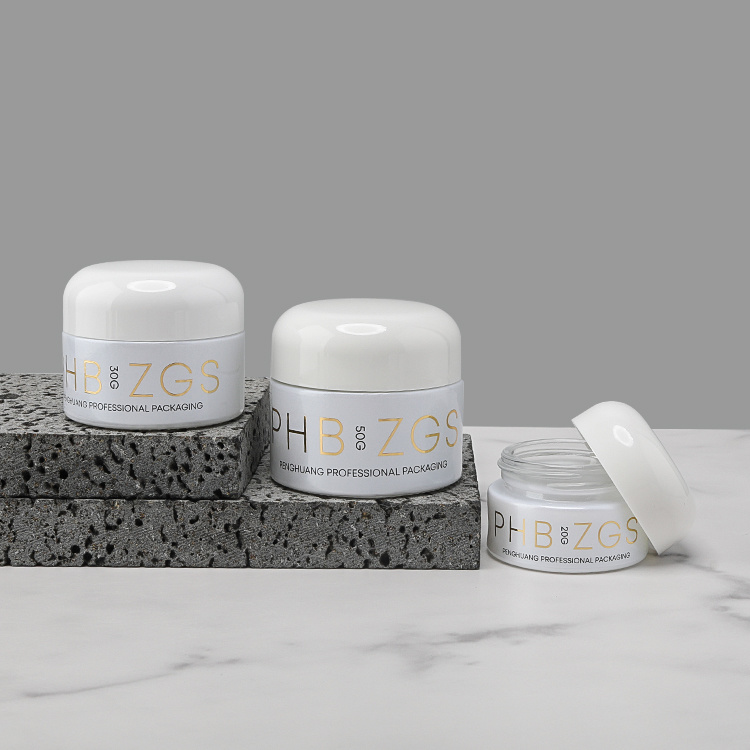 Cosmetic packaging — Custom 20g 30g 50g Refillable White Flat Cap Glass Cosmetic Jars with Lid White Glass round Bottle for Skin Packaging (3)