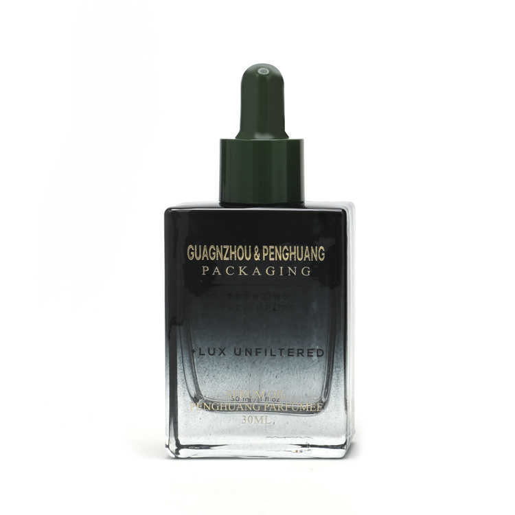 Cosmetic packaging — Customized Spray Painted Serum Packaging Gradient Black 30ml 50ml Dropper Essential Oil Rectangle Glass Bottle with Dropper (6)