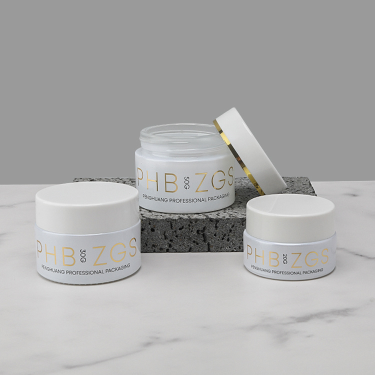Cosmetic packaging — Custom 20g 30g 50g Refillable White Flat Cap Glass Cosmetic Jars with Lid White Glass round Bottle for Skin Packaging (2)