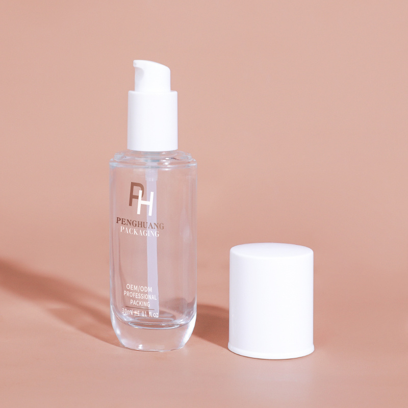Cosmetic packaging — Custom Cosmetics Packaging 30ml Clear Glass Bottles Empty Flat Makeup Liquid Foundation Lotion Pump Container Facial Cleanser (2)